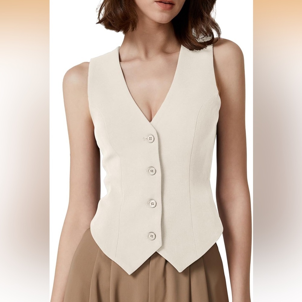 Womens V Neck Vest Top Sleeveless Button Down Fully Lined Cream Y2K Size M NWT